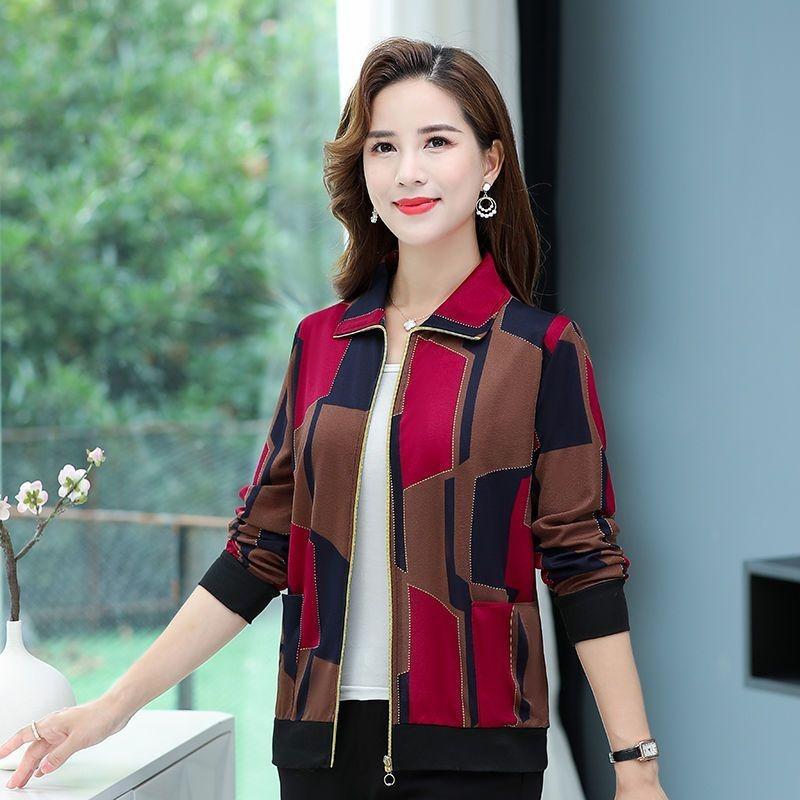 Autunno Inverno Nuovo Cappotto Corto Donna Anziana di Mezza Età Stampa Rever Tasca con Cerniera Manica Lunga Sottile Ampio Versatile Giacca Top