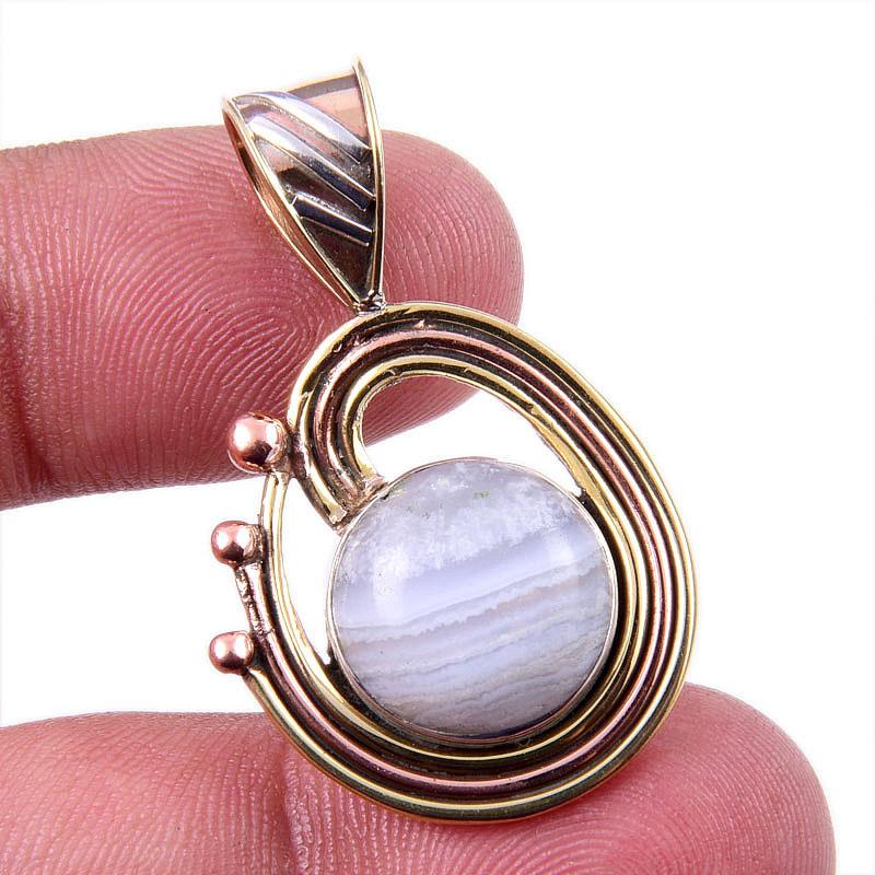 

Natural Blue Lace Agate Gemstone 925 Solid Silver Two Tone Pendant 1.50 n8h45