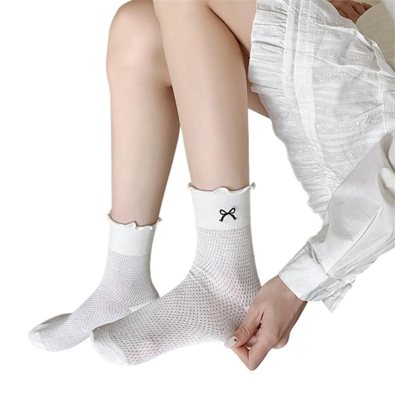 Elegant Embroidered Bowknot Mesh Middle Calf Socks Comfortable Stretch Cotton Solid Ruffle Frilly Ankle Socks for Women