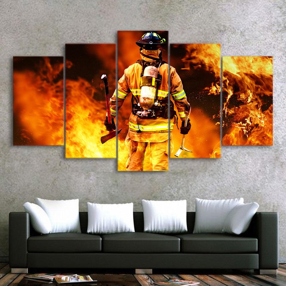 

5 Pieces Canvas Wall Arts Fireman In Fire Poster Painting Modular Picture Print Living Room Bedroom Mural Home Decor Calligraphy 20X35 20X45 20X55CM