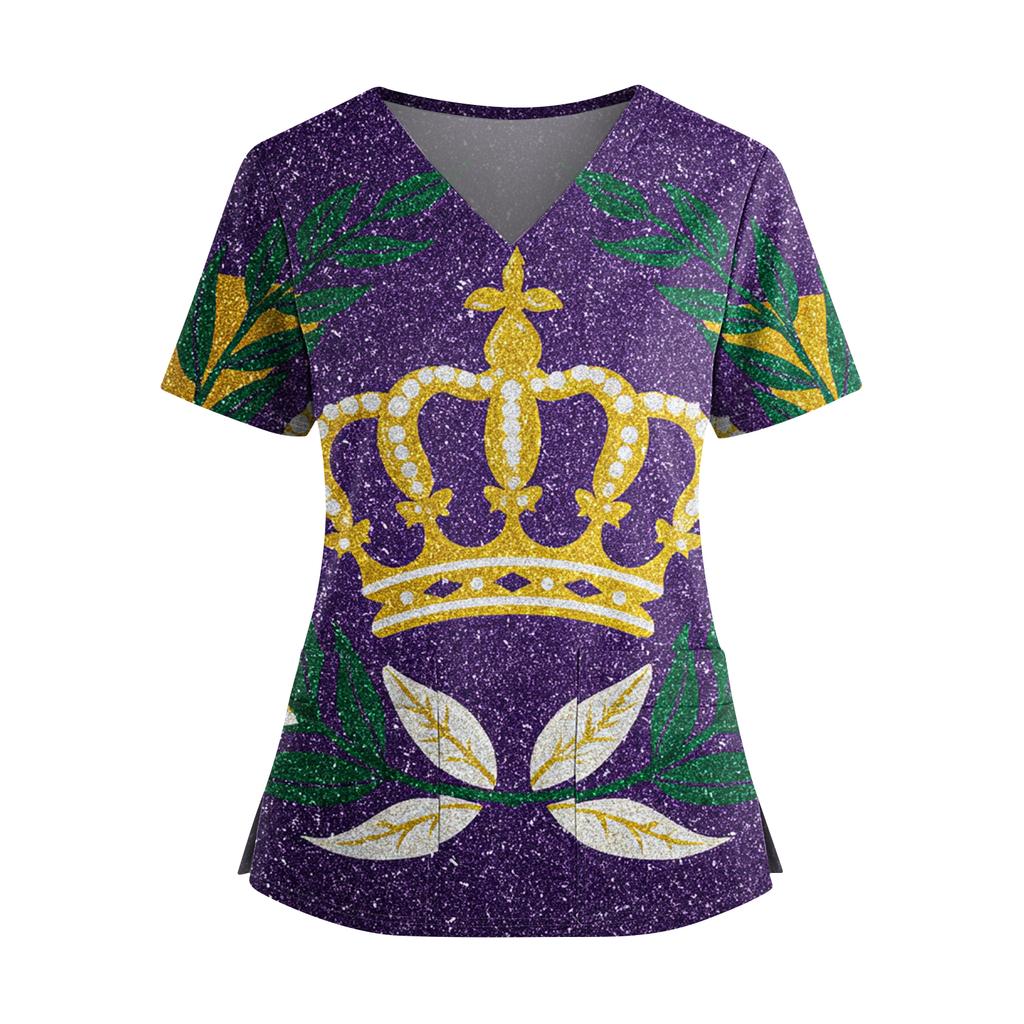 Women's Caregiver Printed V-Neck Double Pocket Short Sleeves Hem Slit Uniform Caregiver Top