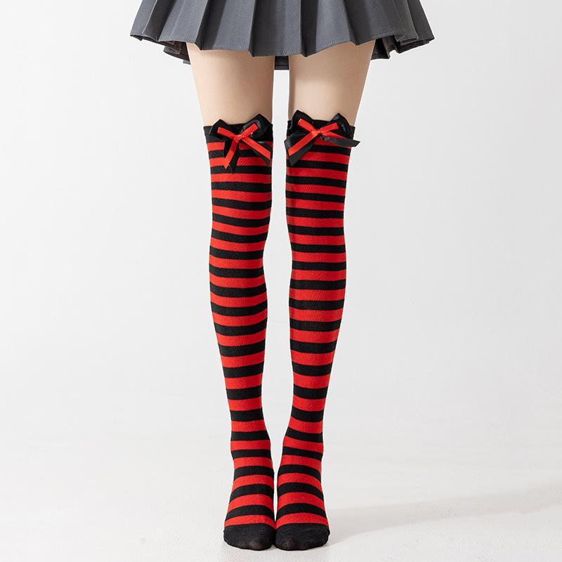 1 Pair Double Bow Decor Striped Over Knee High Socks Soft Skin-friendly for Girls Cosplay Halloween Costume Wear