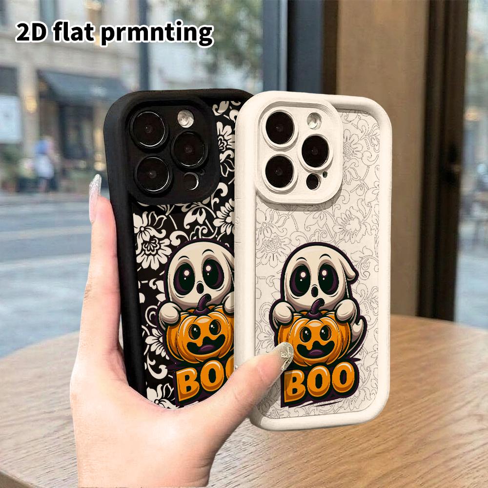 Phone Case: 2D Flat Design Suitable for iPhone 18 17 16 15 14 13 Pro, Unisex, Ghost Holding a Pumpkin, Christmas and Halloween Gift