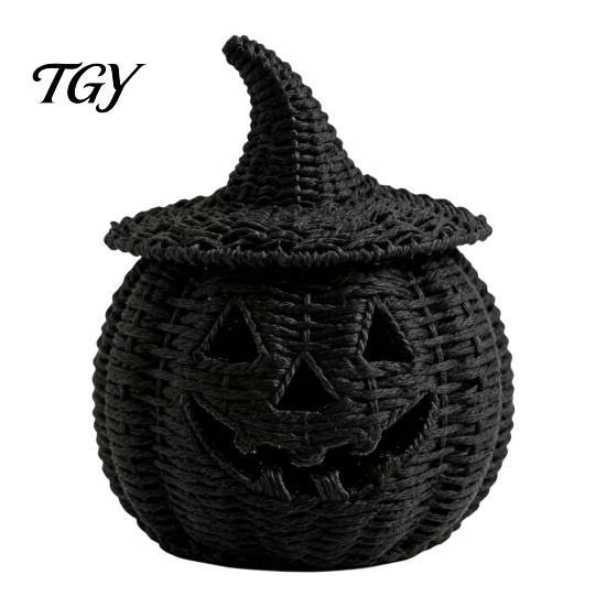 Autumn Table Decoration Halloween Resin Pumpkin Basket, Faux Woven Lantern Ornament, Spooky Gothic Home Decor Black Candy Jar for Tabletop Mantel