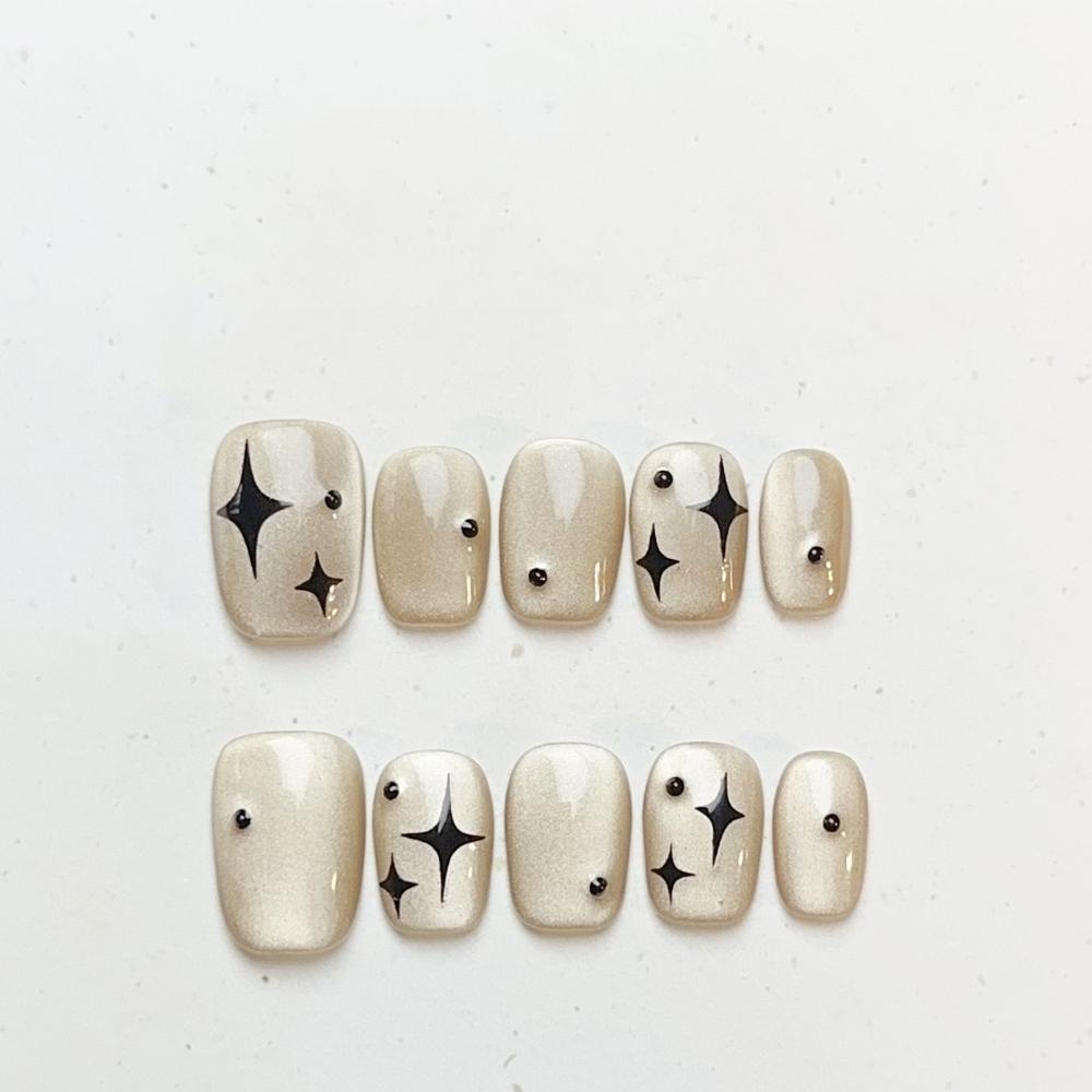 Handmade Cat Eye Short Square Oval Press On Nails With Bowknot Pearl Diamond Flower Star Decor Detachable Full Cover