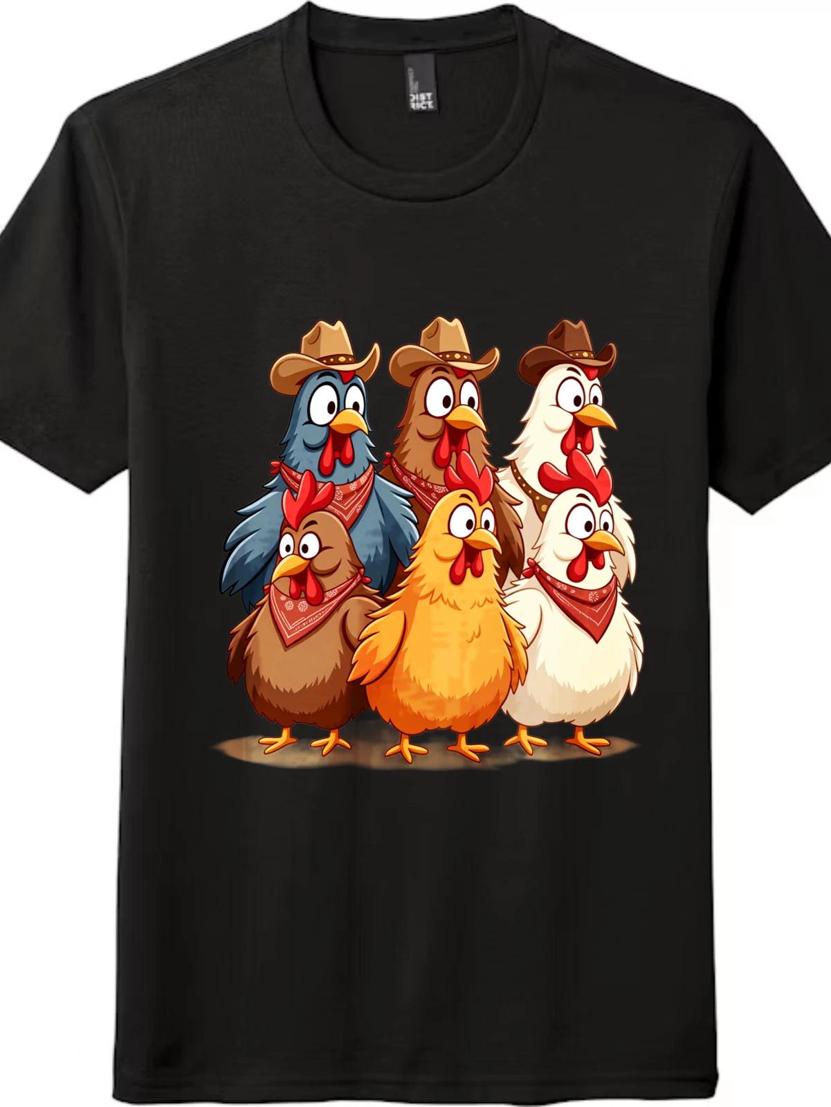 Funny Chicken in Cowboy Hats Graphic Tee - Cartoon Farm Animal Unisex T-Shirt XXXXL