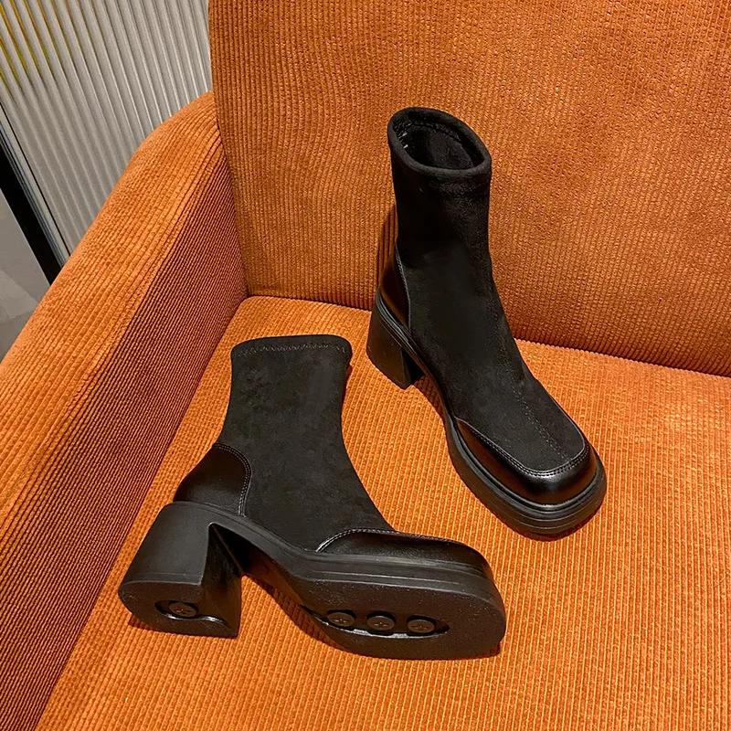 Dicker Absatz Damen Stretch Stiefeletten Mode Elegant Modern Schlank Kurze Stiefeletten Herbst Winter Damen Slipper