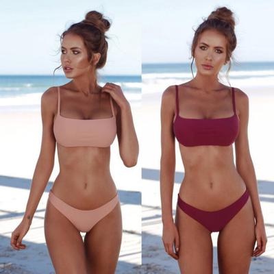 Einfarbiges Damen-Bikini-Set mit gepolstertem, kabellosem Träger-BH und Slip, Bademode, Strand-Bikini-Set