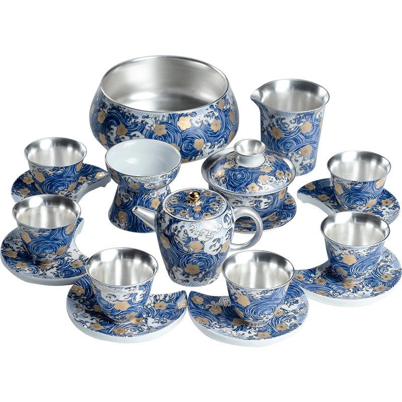 Silver-Plated Ceramic Kung Fu Tea Set: Complete Home Gift Box with Tea Cups and Pot