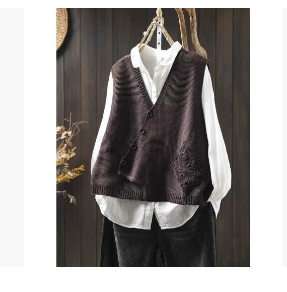 Lace Applique V Neck Cotton Knit Vest Womens Loose Fit Layering Cardigan Autumn Winter Fashion Oversized Sleeveless Top