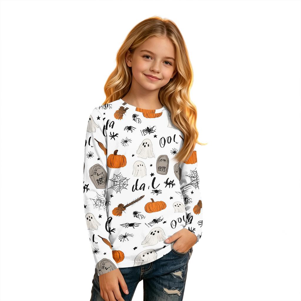 Kids Long Sleeve T-Shirt with Halloween Print, Round Neck, for Boys and Girls