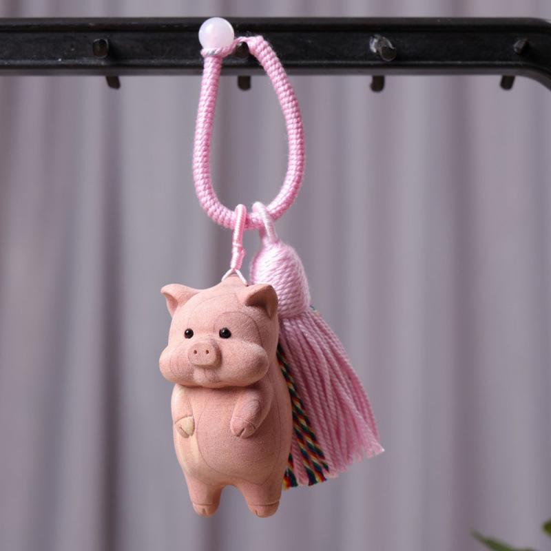 Violet Peach Wood Pig Pendant Keychain Ornament