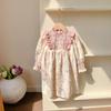 Spring Girls Floral Dress Stand Collar Smocked Long Sleeve Elegant Princess Dress For Kids