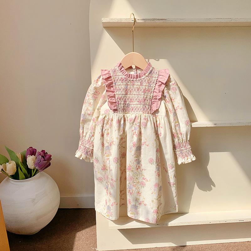 Spring Girls Floral Dress Stand Collar Smocked Long Sleeve Elegant Princess Dress For Kids 90cm