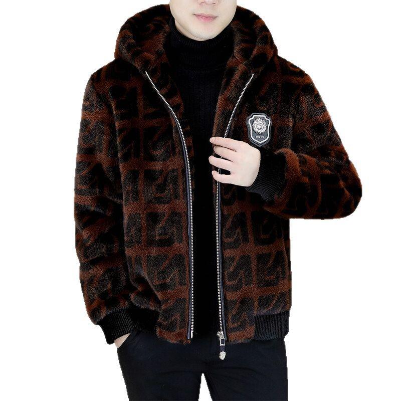 Middle-Aged Men's Gold Sable Velvet Hooded Leather Jacket - Thick Winter Coat