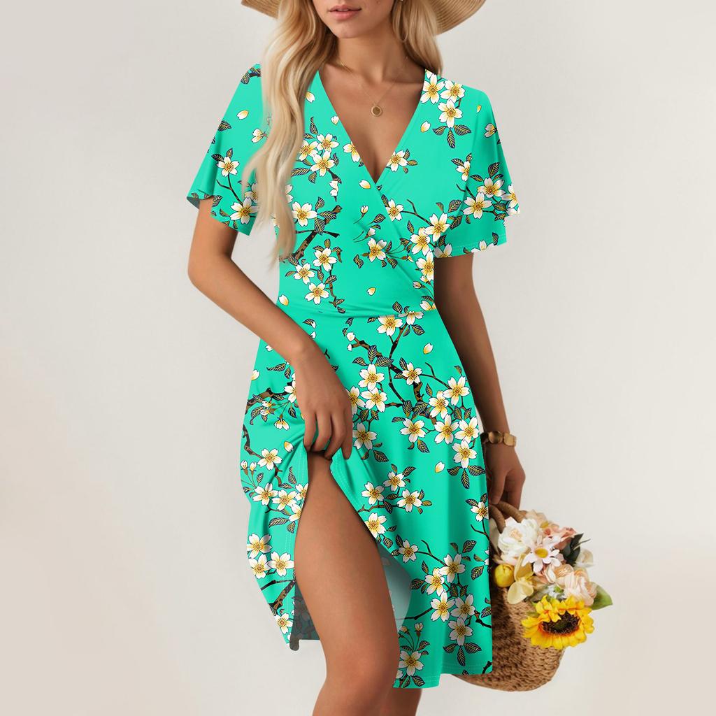 Women's Summer Dress Loose Beach Vacation Casual Deep V Neck Short Sleeve Dress Elegant Dress