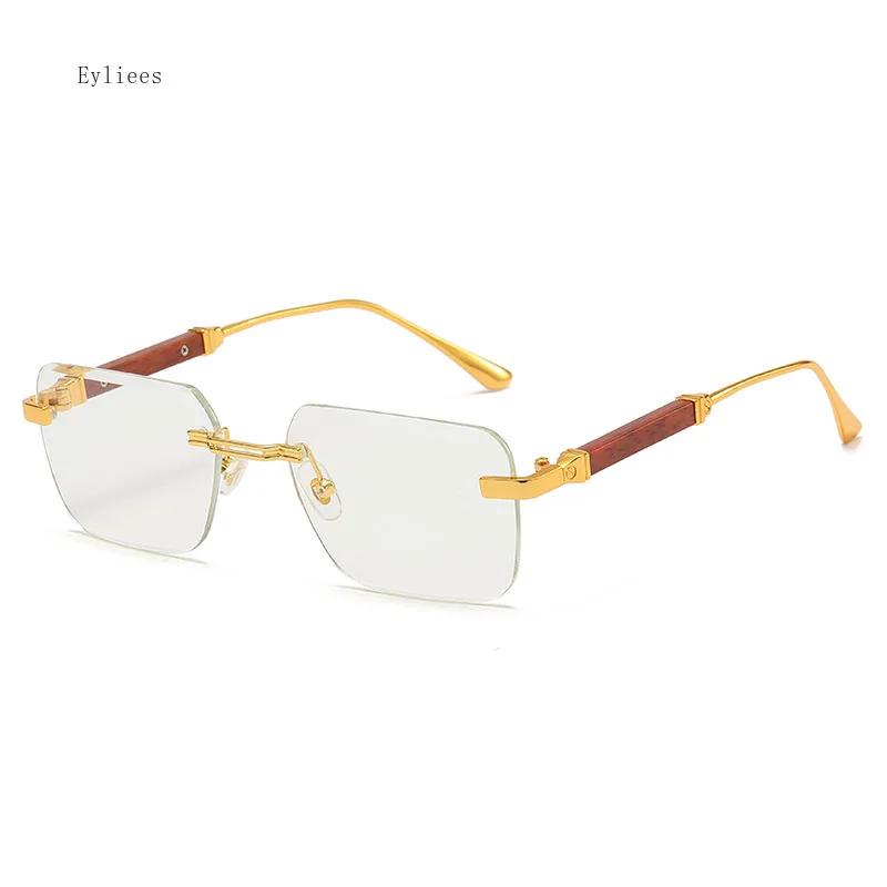 Fashion Rectangle Rimless Sunglasses for Women Square Vintage Luxury Design Retro Wooden Frame Gradient UV400 Sun Glasses