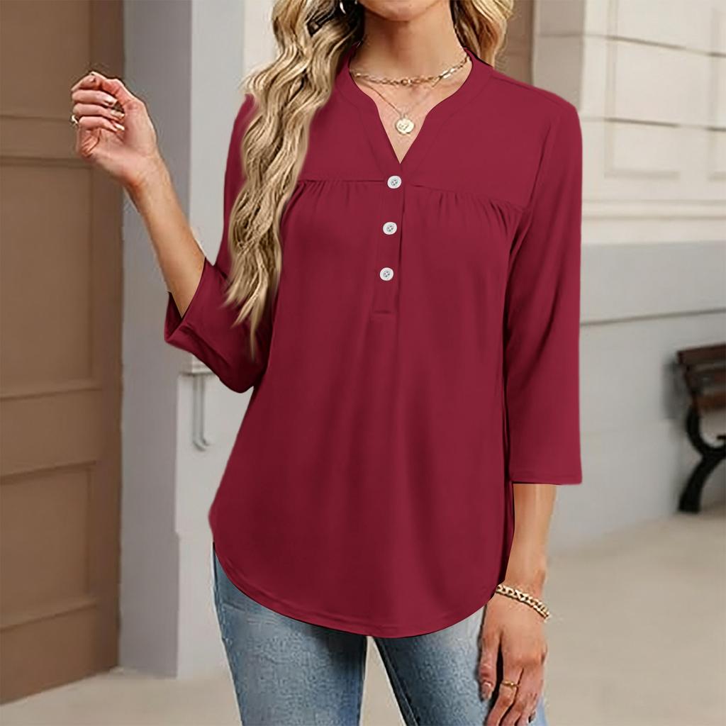 Women's Fashionable Casual Color V-Neck Decorative Button Three-Quarter Sleeve T-Shirt Top