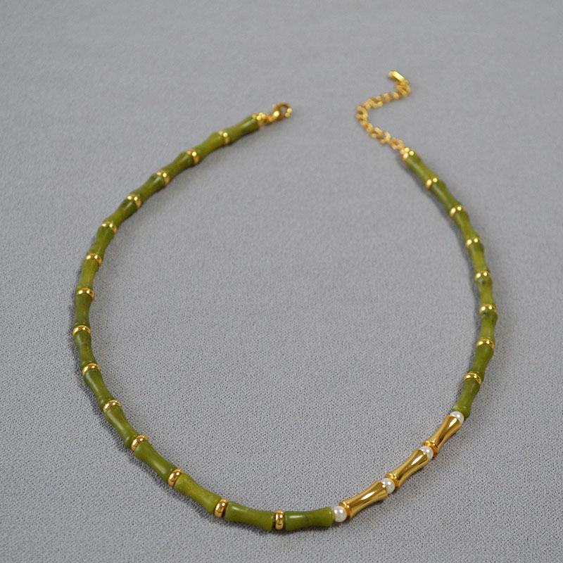 

Guochao Olive Green Jade Bamboo Beaded Short Necklace