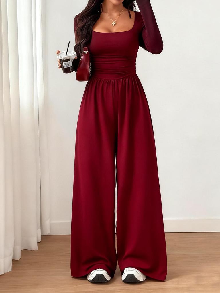 Tuta da donna 2026 con scollo quadrato e gamba larga: Vita Alta, Manica Lunga, Stile Europeo & Americano, Design Casual con Cintura in Vita