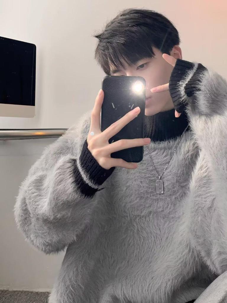 Unisex svetr v americkém stylu s patchworkem z umělého norka, vysoký límec - Ležérní, Módní, Dlouhý rukáv, pro podzim a zimu