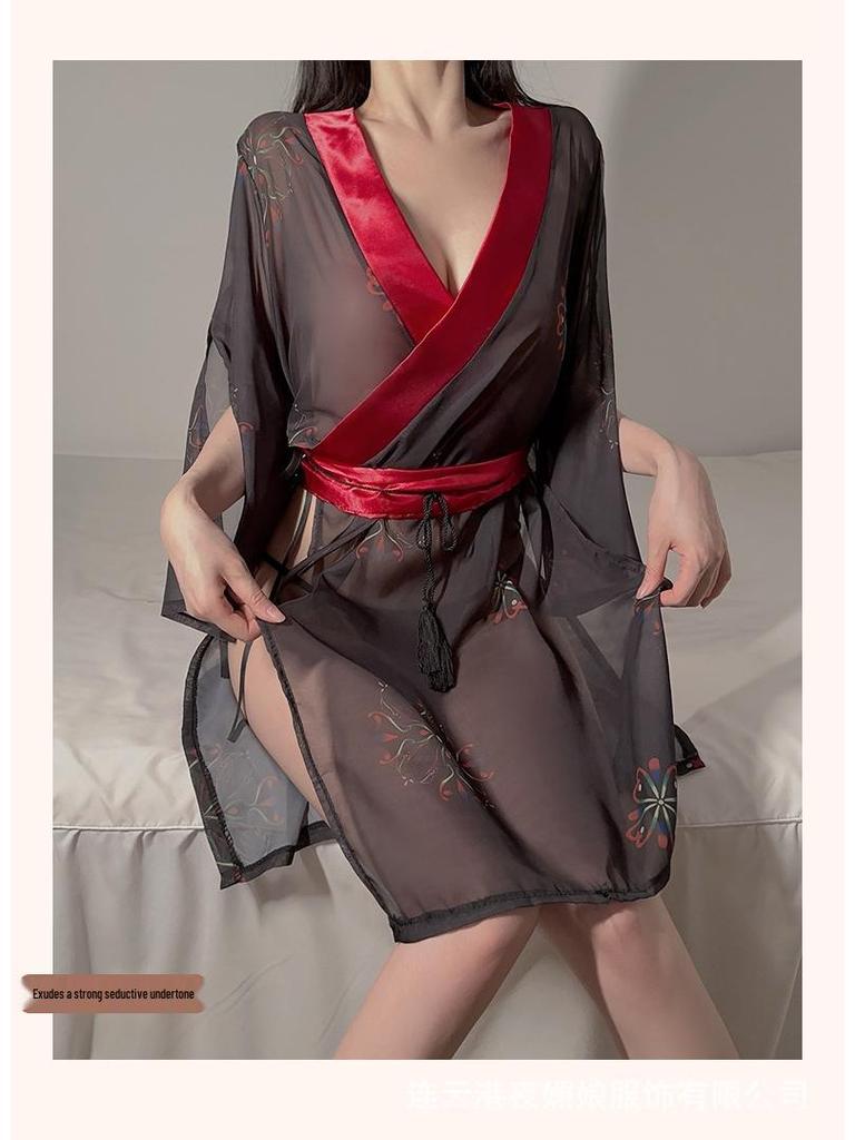 Vintage Lace See-Through Lingerie with Tie-Up Bib - Hanfu Nightgown and Sleep Skirt
