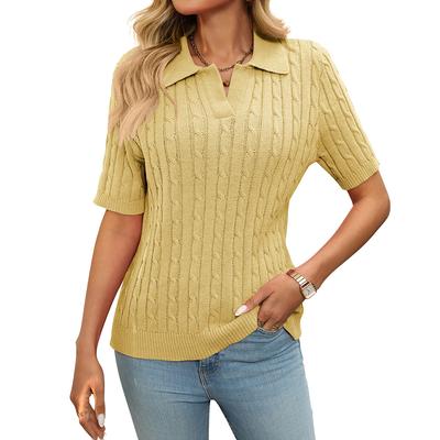 Frühlings- und Sommer Kurzarm Revers V-Ausschnitt Pullover Zopfmuster Damenpullover