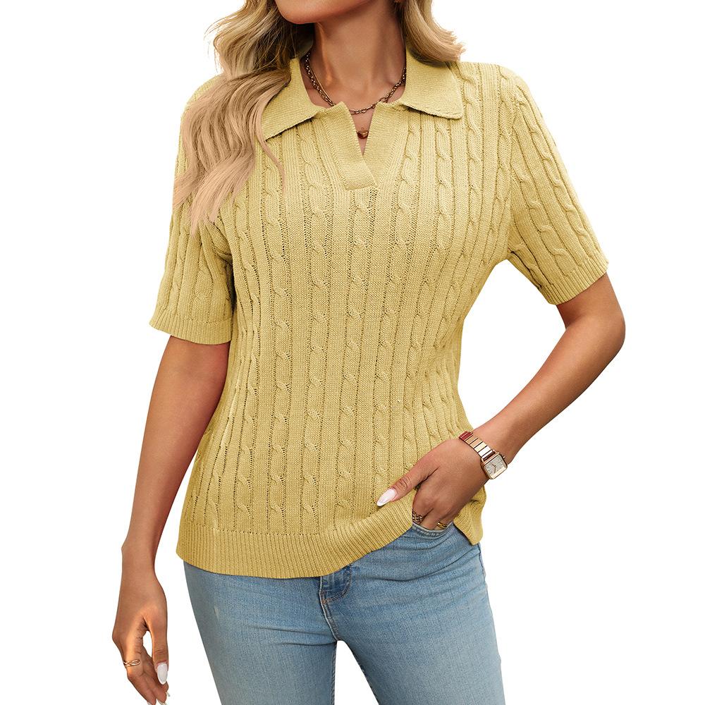 2025 Summer Women's Short Sleeve Lapel Collar V-Neck Cable Knit Pullover Sweater, Casual Chic Knitted Top for Daily & Office Wear