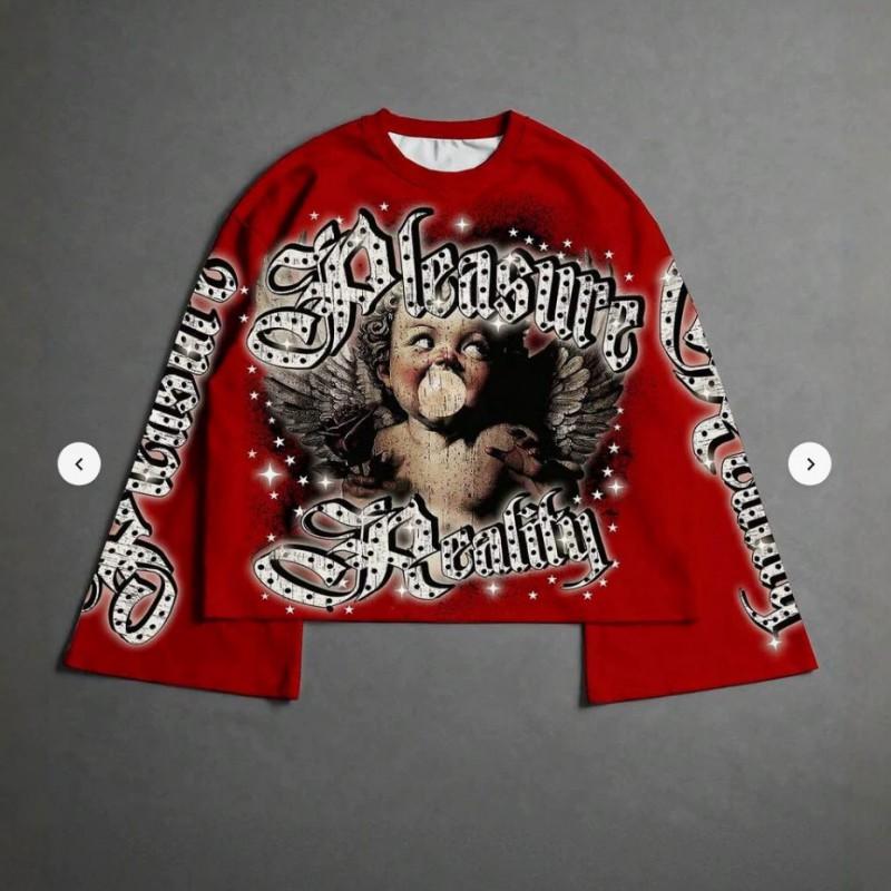Vintage Cupid Print Gothic Sweatshirt Long Sleeve Flared Top Y2K Streetwear