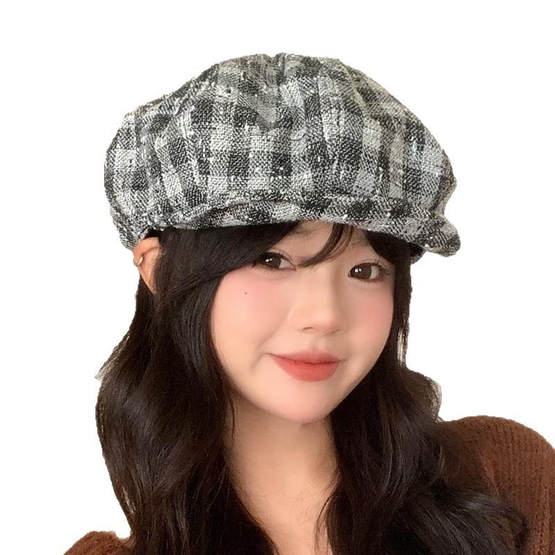 Autumn Japanese Retro Versatile Houndstooth Beret Sweet and Fashionable High End Octagonal Hat Big Head Circumference Showing Small Face