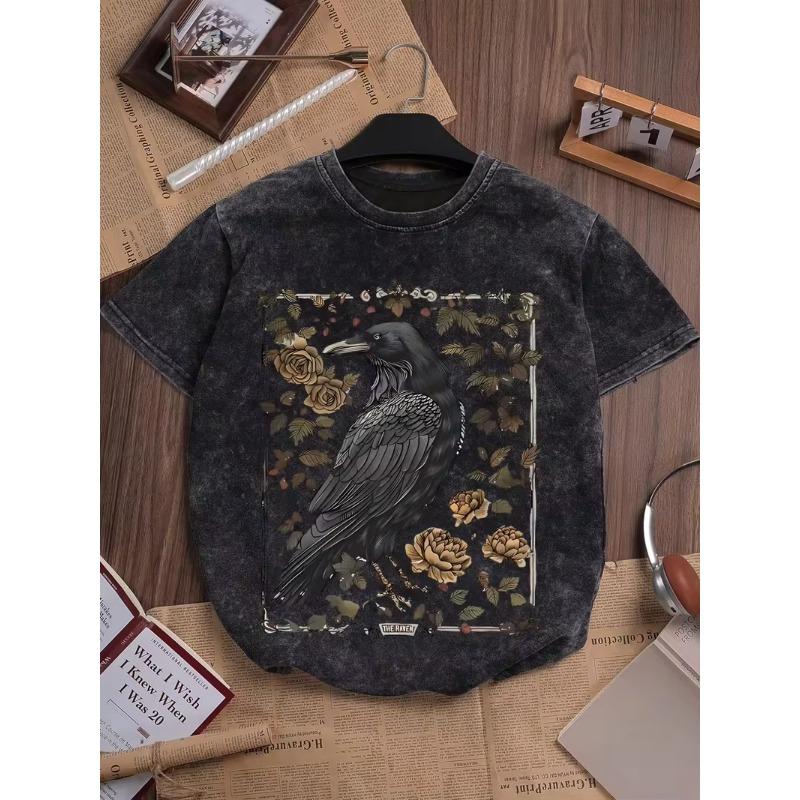 Vintage Gothic Rabe Print T-Shirt Unisex Gewaschenes Schwarz Rundhalsausschnitt Oversized Tee Y2K Streetwear Kurzarm für den täglichen Gebrauch