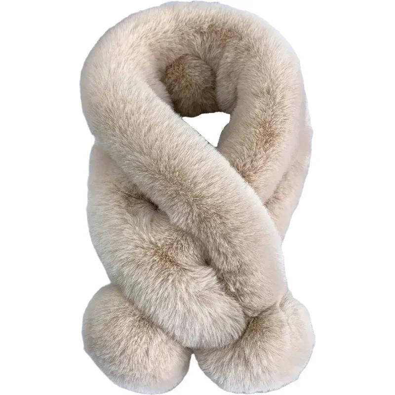 Girl's Autumn and Winter Fur Rabbit Plush Thick Warm Scarf Fashion Solid Color Fur Ball Cross Student Clothes Accessories