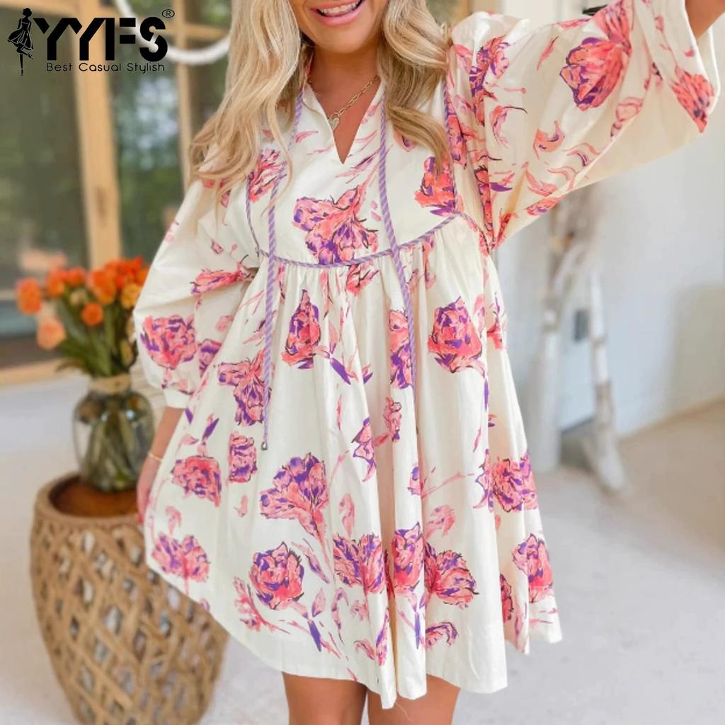 YYFS Damenmode Frühling Herbst Blumenmuster Druck Langarm V-Ausschnitt Lockere Taille Freizeitkleider