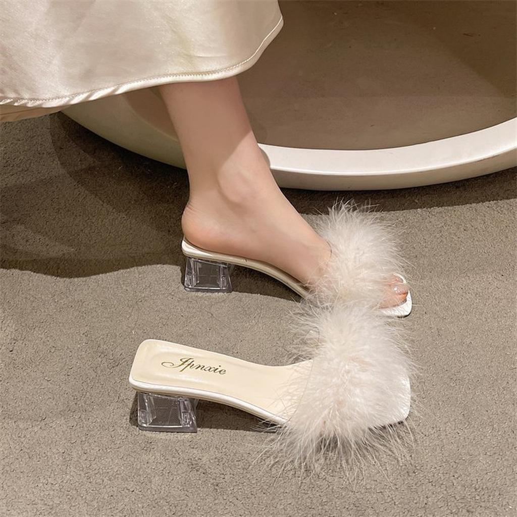 Damen Übergröße Feder Hausschuhe - Frühling Sommer Hochzeit Brautrobe Klare Klobige Absatzschuhe