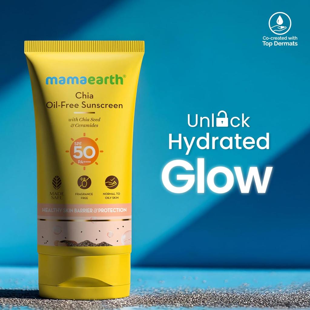 Mamaearth Chia Oil-Free Sunscreen SPF50 PA++++ For Oily Skin With No White Cast Lightweight Tan Protection Hydrating Matte Glow 50g