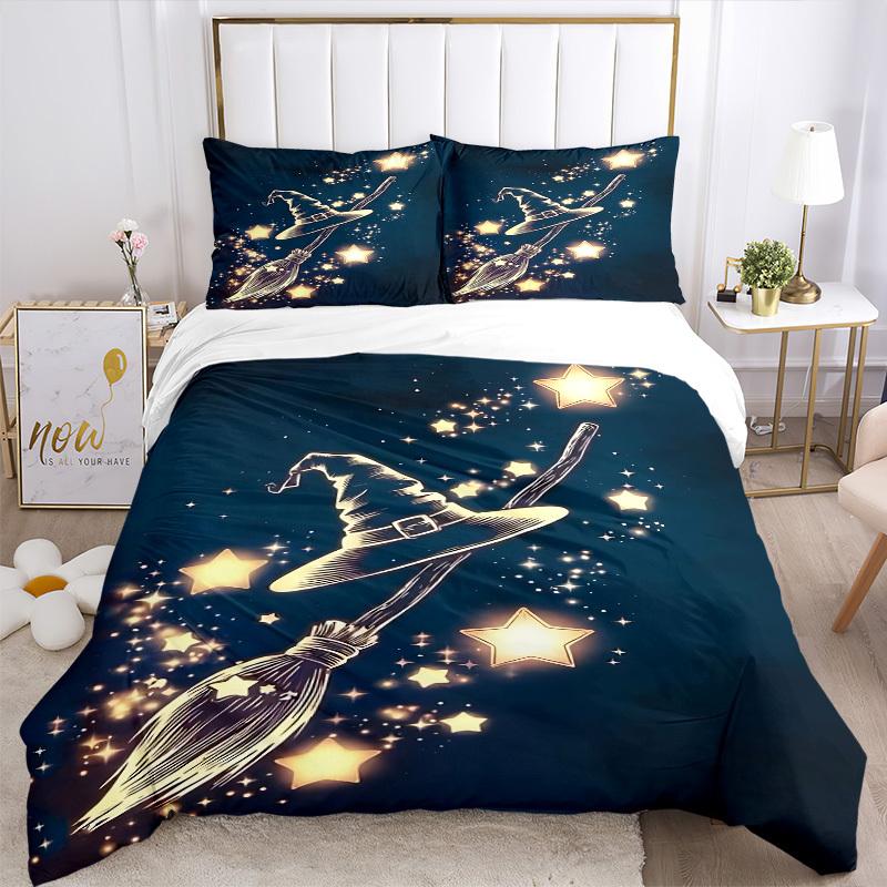 3pcs Witch Broomstick Bedding Set, Includes 1 Comforter + 2 Pillowcases, Without Pillow Inserts, Soft Comfortable, Lightweight Breathable, P