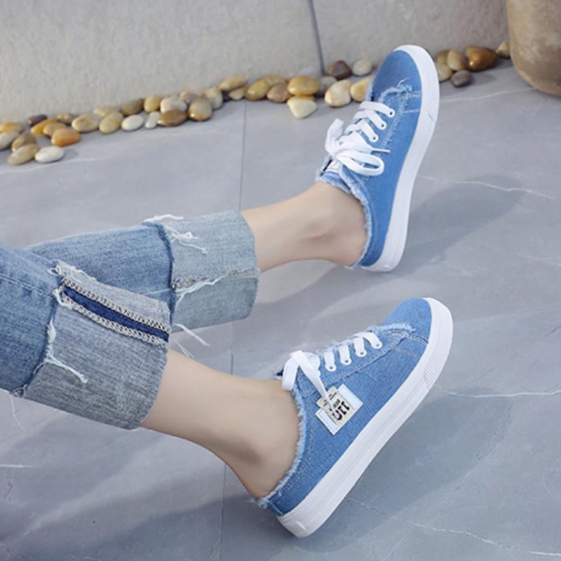 Fashion Low Upper Lace Up Women Shoes Women Mules Canvas Sneakers New 2025 Flat Shoes Comfortable Sneakers Women Casual Luxury Slippers