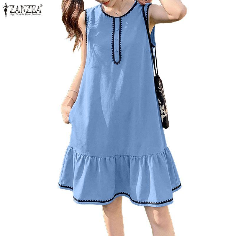 ZANZEA Women Casual Round Neck Loose Sleeveless Dress