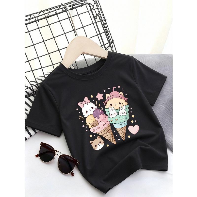 European Sizes Children's Summer Short-Sleeve T-Shirt, Cartoon Print Top for Girls, Featuring a Cute Design, Suitable for Outings and Daily