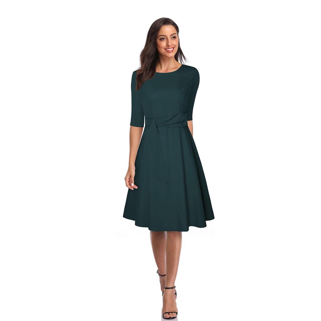 Autumn 2022 Round Neck Tie-Waist Mid-Sleeve Dress with Large Swing Skirt