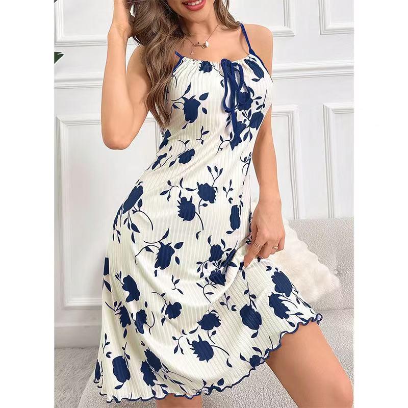 Women's Sexy Printed Camisole Nightgown with Chest Tie-Up