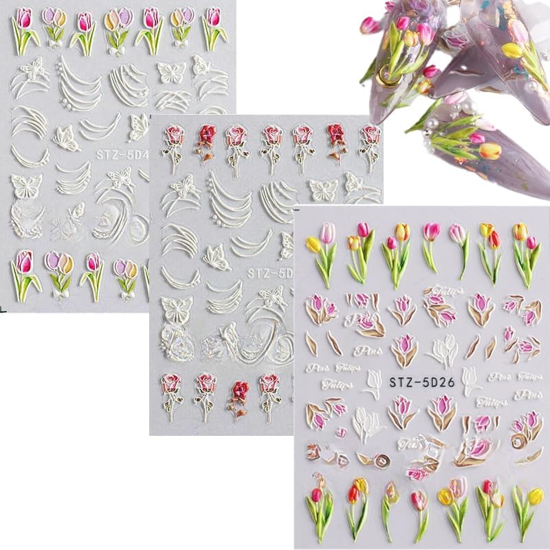 5D Embossed Flower Nail Art Stickers,Self-Adhesive Flowers Nail Decals,Colorful Floral Nail Art, Rose Butterfly Stickers for Nail Art,for Women Flower 3