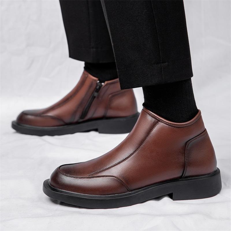 Chelsea Boots Men's 2025 Winter Fleece Leather Martin Boots Men's British Style Side Zipper Low Top Short Boots Tide
