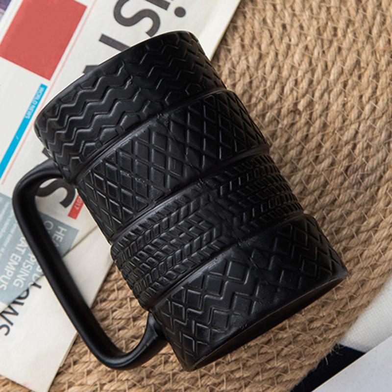 3D Cool Black Tyre Tire Shaped Frosted Ceramic Mug Large Coffee Tea Cup Unique Gifts Car Fans Mechanic Gifts for Car Lovers