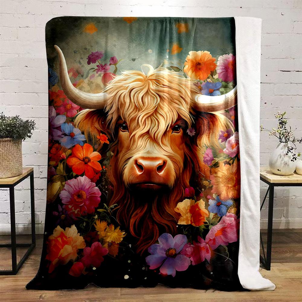 Highland Cow Floral Blanket bedroom Blanket for Livingroom Couch lunch break Soft throw for Friend's festival Gift