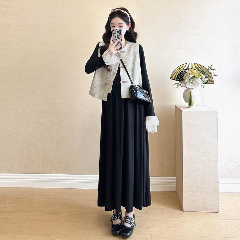 2026 Spring Korean Maternity Lace Dress - Fashionable Slimming New Chinese Style Set XL