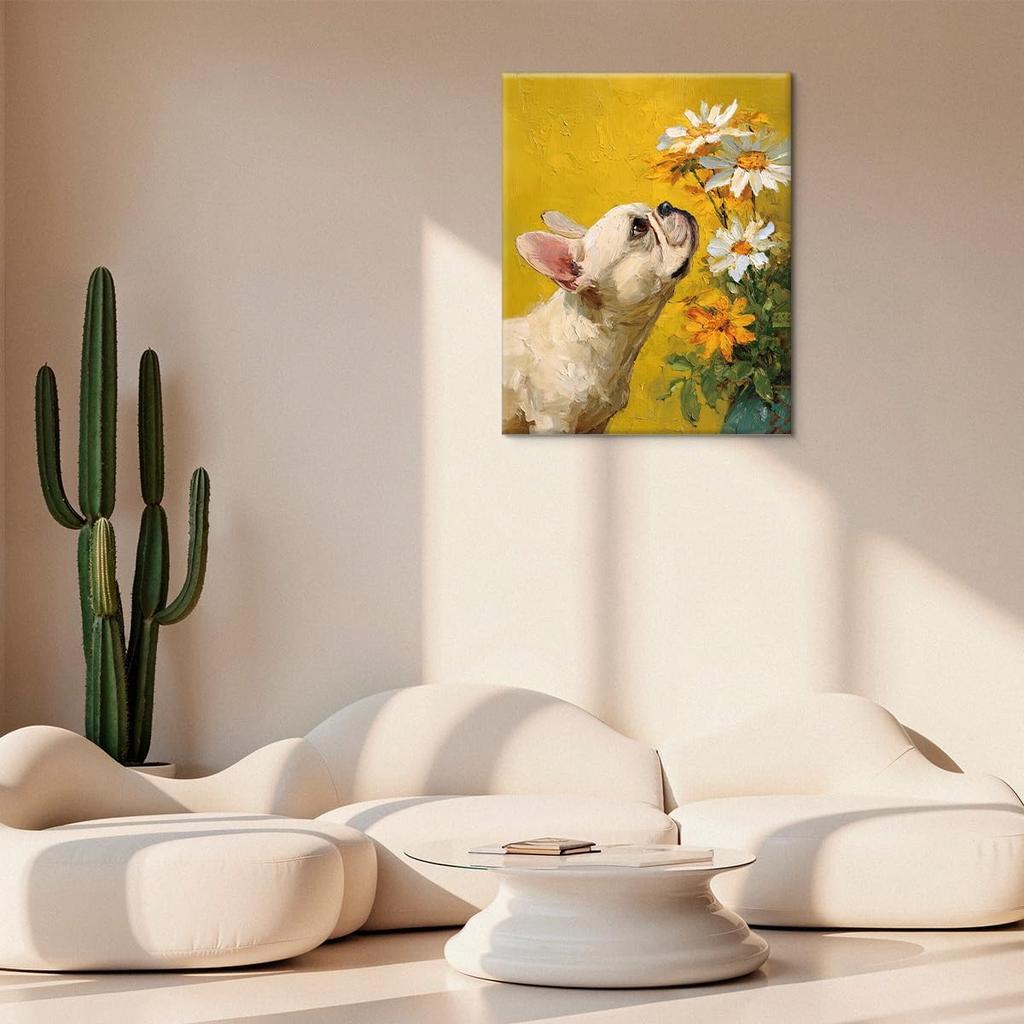 Vintage Floral French Bulldog Wall Art Print Dog Daisy Flowers Picture Painting Aesthetic Wall Decor for Home Living Room Bedroom 8x10 Canvas Framed