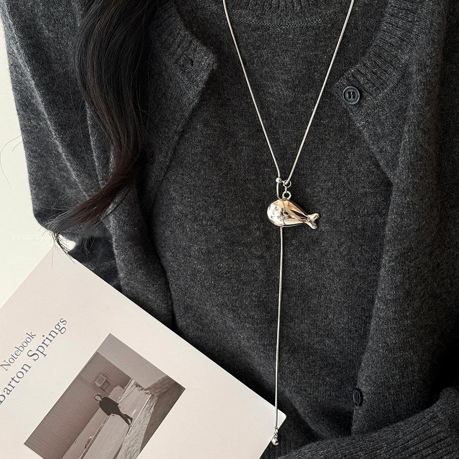 Korean Fashion Simple Cute Small Fish Pendant Necklace for Women Long Braided Rope Adjustable Sweater Chain Party Jewerly Gift