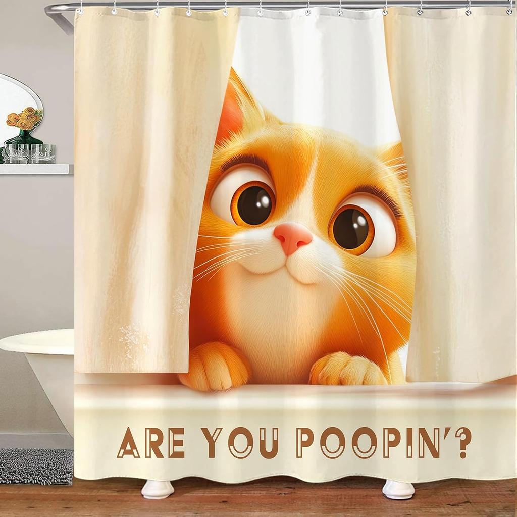 Funny Cat Shower Curtain Set Great Wave Art Style Relaxing Feline Waterproof Bathroom Shower Curtain Japanese Scene Home