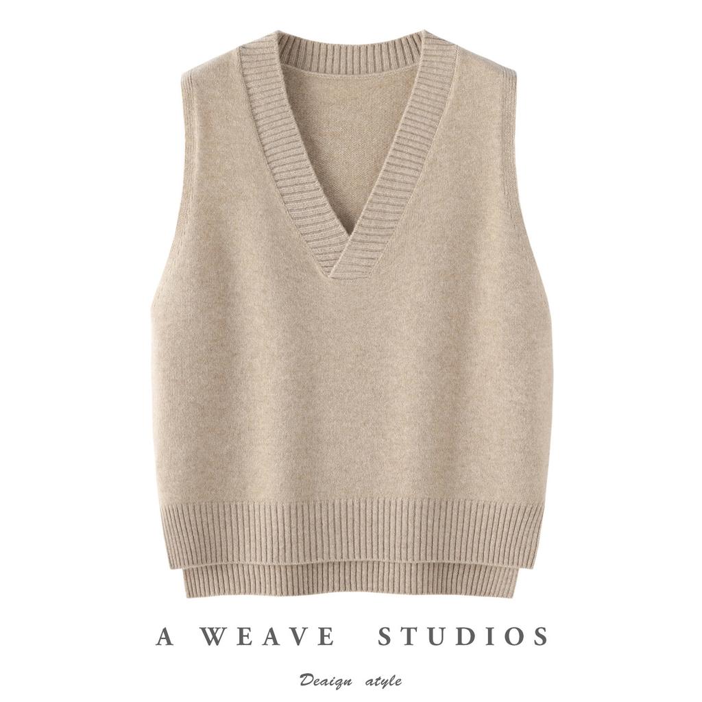 Spring, autumn and winter ins simple V-neck retro pure wool vest knitted women's pullover loose and thin sleeveless vest top